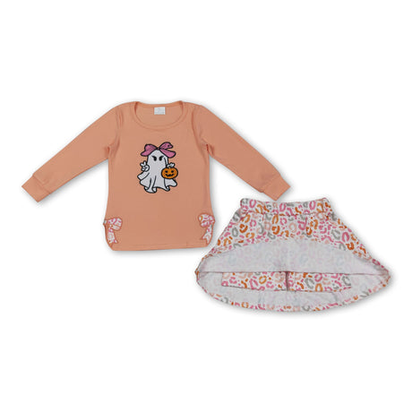Pumpkin ghost embroidery top leopard skirt girls Halloween set