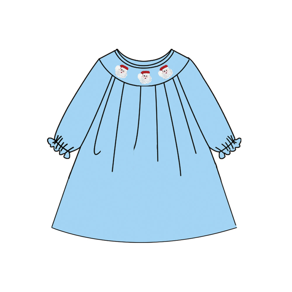 Blue long sleeves santa smocked baby girls Christmas dress