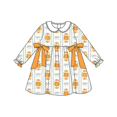 Long sleeves pumpkin floral bow baby girls fall dresses