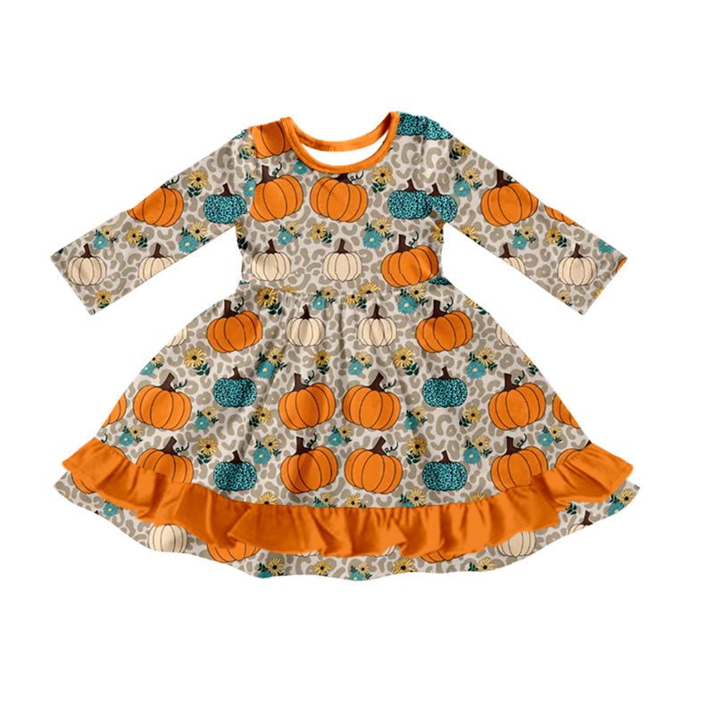 Orange long sleeves pumpkin leopard girls fall fall dresses