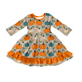 Orange long sleeves pumpkin leopard girls fall fall dresses