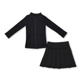 Black zipper jacket pleated skirt girls activewear set