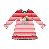Red stripe dog Christmas tree ruffle girls dresses
