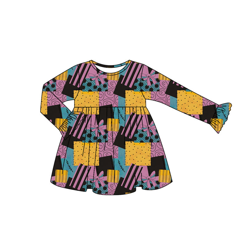 Long sleeves purple bow patchwork girls Halloween dress