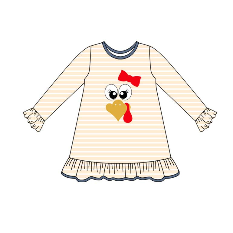 Long sleeves turkey bow stripe girls Thanksgiving dress
