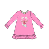 Long sleeves pink bow deer baby girls Christmas dress