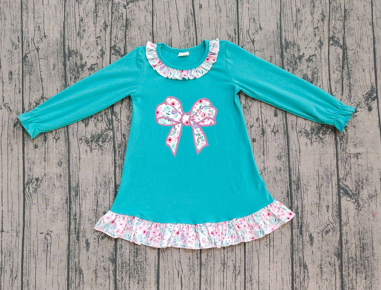 long sleeves floral bow ruffle kids girls dresses