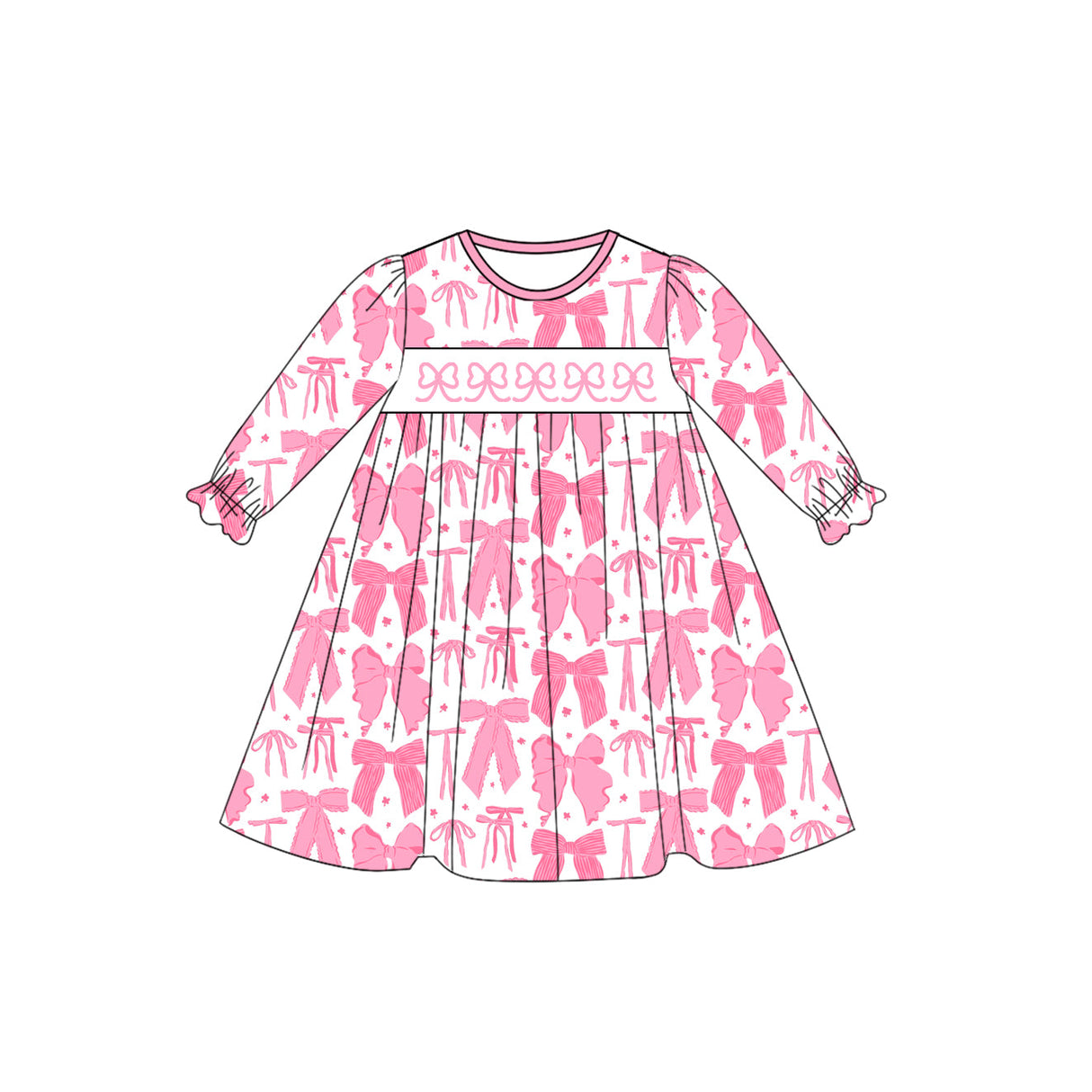 Long sleeves pink bow kids girls dresses