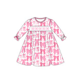Long sleeves pink bow kids girls dresses