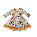 Long sleeves cows pumpkin bat farm girls Halloween dress