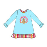 Light blue long sleeves turkey ruffle girls Thanksgiving dress