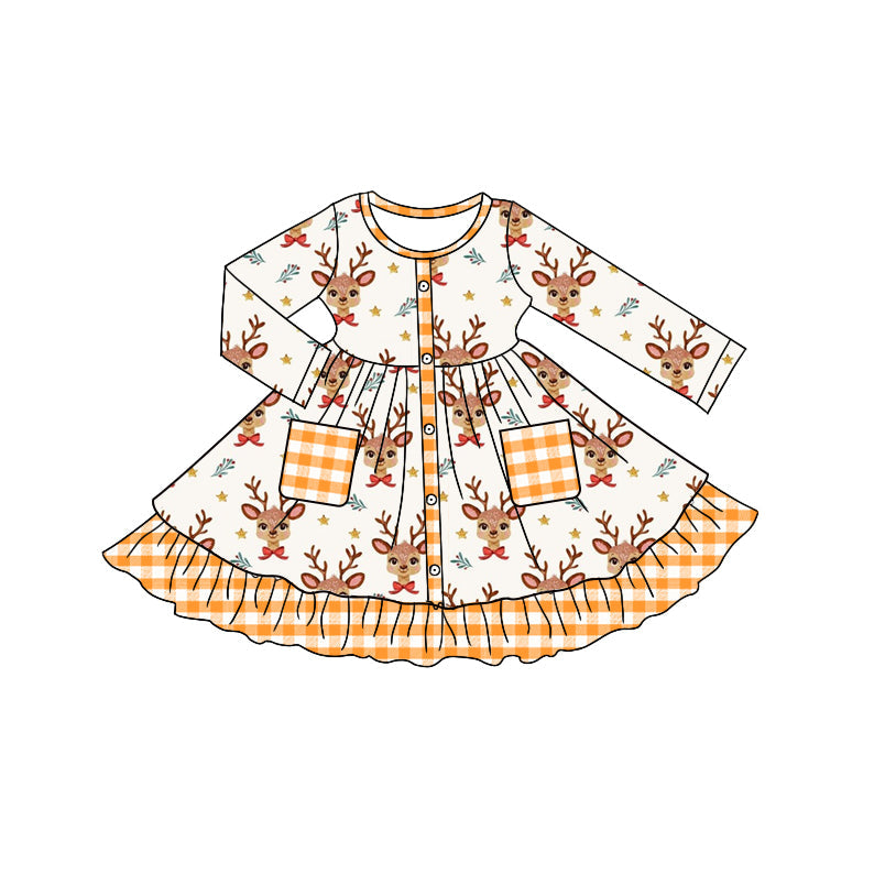 Long sleeves deer bow plaid ruffle girls Christmas dresses