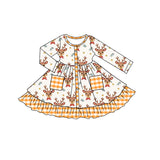 Long sleeves deer bow plaid ruffle girls Christmas dresses