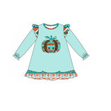 Long sleeves leopard aztec pumpkin ruffle girls fall dresses