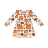 Long sleeves pumpkin pie bow kids girls Thanksgiving dress