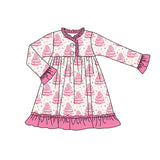 Long sleeves pink Christmas tree cake girls night dresses