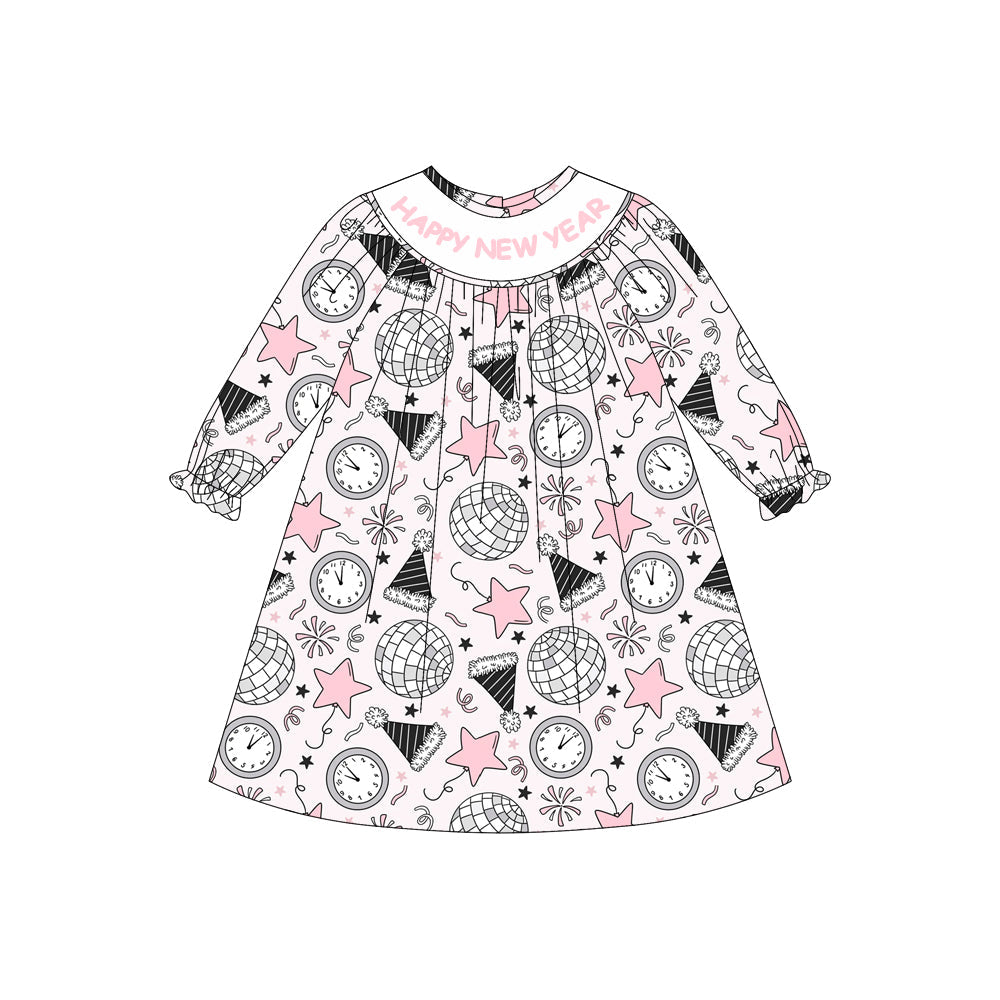 Happy New Year long sleeves pink stars kids girls dresses