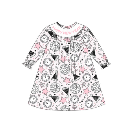 Happy New Year long sleeves pink stars kids girls dresses