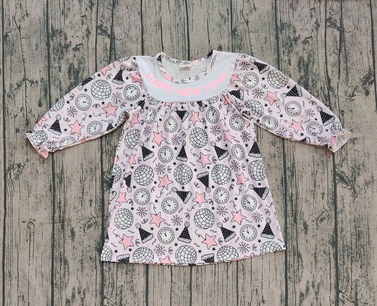 Happy New Year long sleeves pink stars kids girls dresses