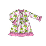 Long sleeves ruffle pink Christmas hat green face girls night dress