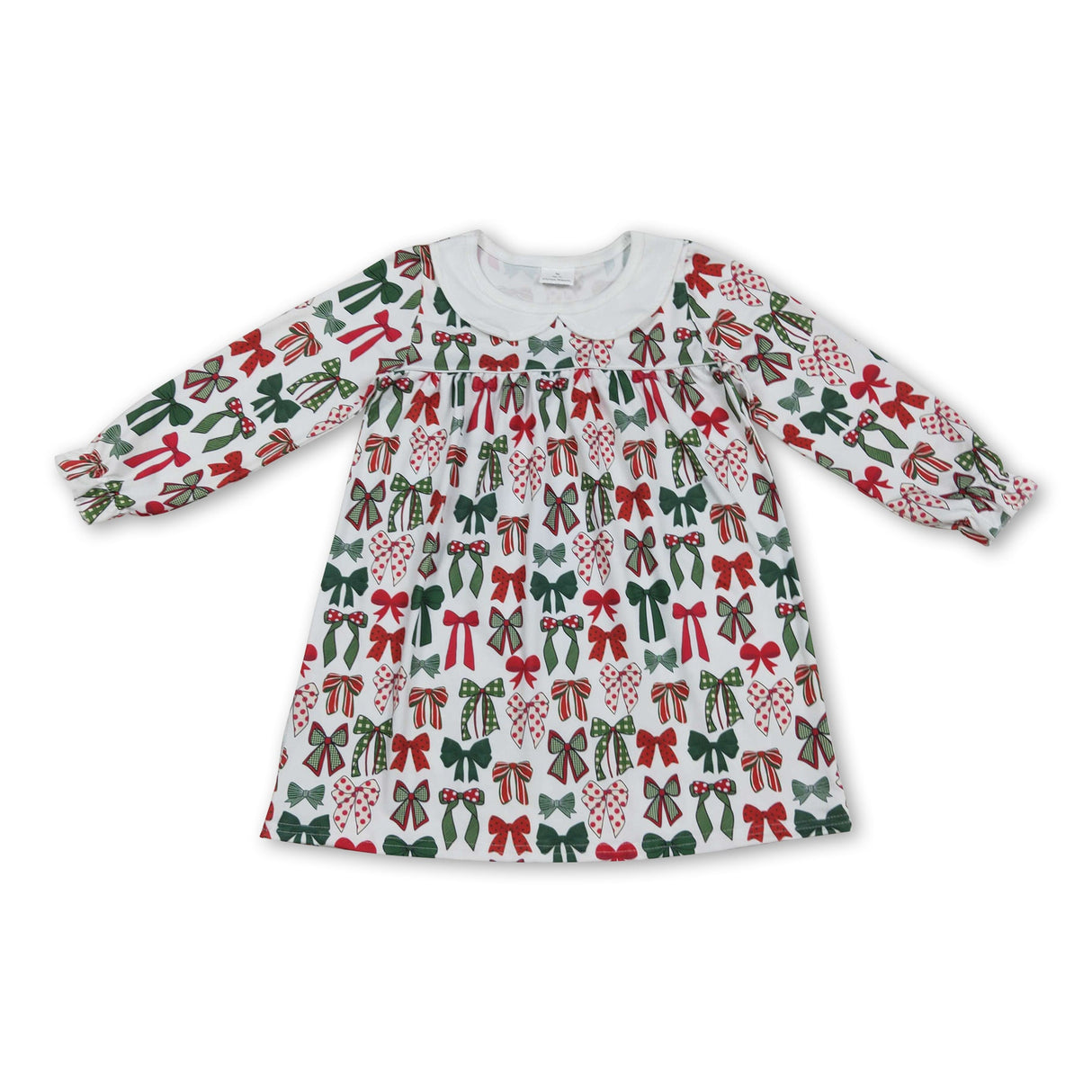 Long sleeves red green bows kids girls Christmas dresses