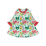 Long sleeves green face bow girls Christmas dresses