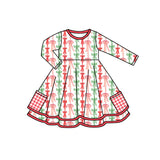 Red green bows plaid pockets ruffle girls Christmas dresses