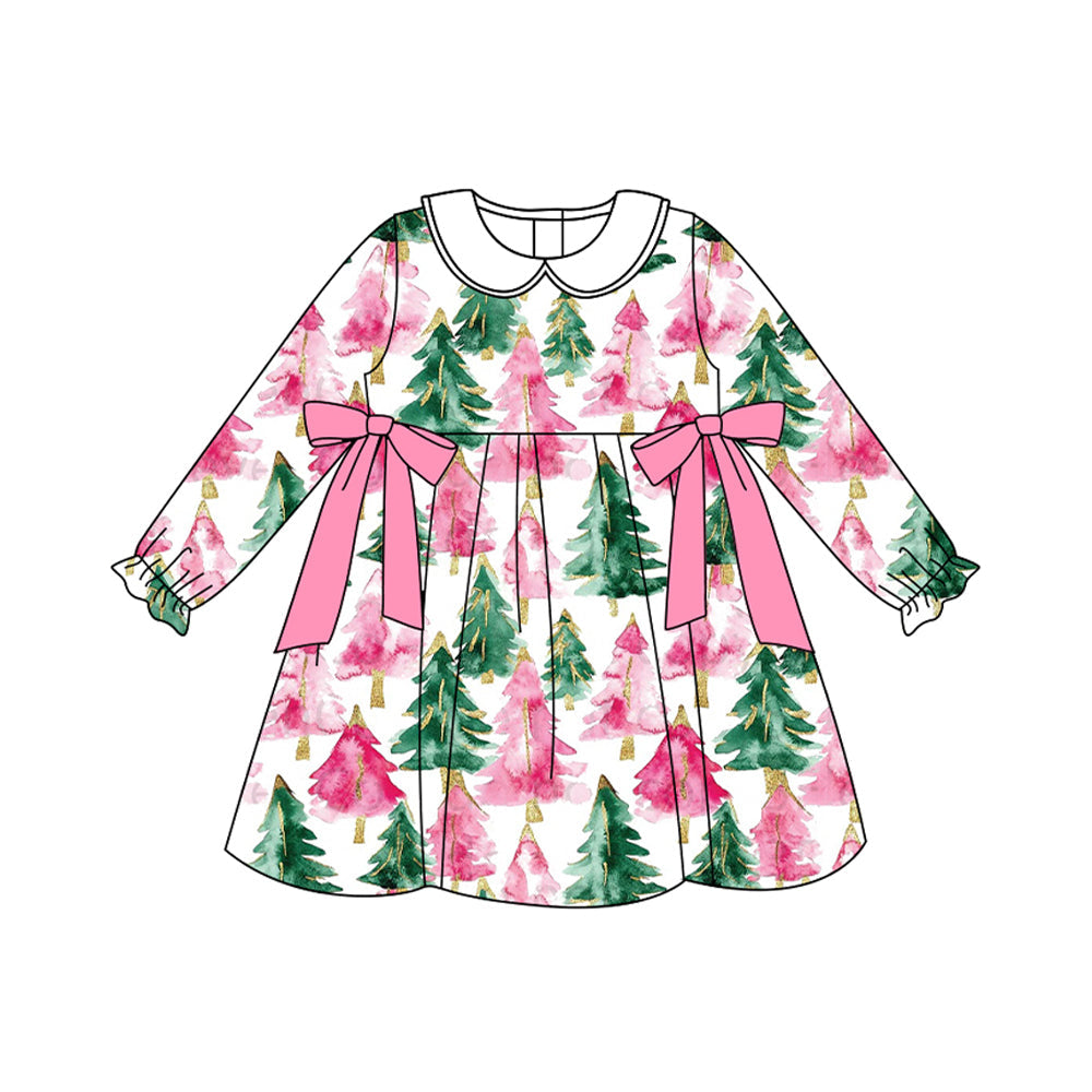 Long sleeves pink bow Christmas tree girls dresses