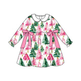 Long sleeves pink bow Christmas tree girls dresses