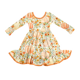 Long sleeves pumpkin floral ruffle girls fall dresses