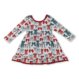 Long sleeves red green bow ruffle girls Christmas dresses
