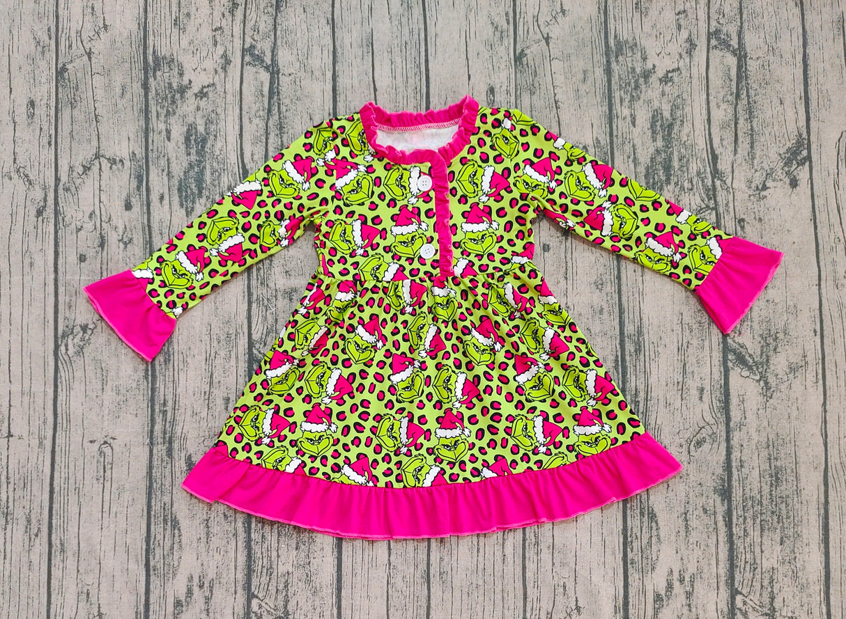 Leopard green face ruffle girls Christmas night dress