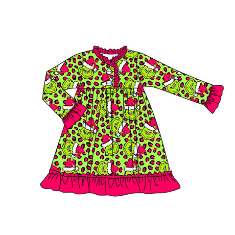 Leopard green face ruffle girls Christmas night dress