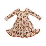 Long sleeves pumpkin bow ruffle girls fall dress