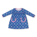 Long sleeves blue floral pockets baby girls dresses