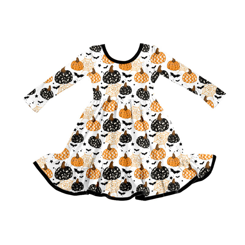 Long sleeves plaid ghost pumpkin ruffle girls Halloween dress