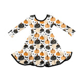Long sleeves plaid ghost pumpkin ruffle girls Halloween dress