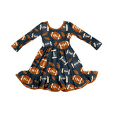 Long sleeves brown leaves football kids girls dresses