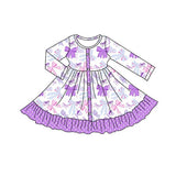Long sleeves bows lavender polka dots ruffle girls dresses
