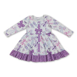 Long sleeves bows lavender polka dots ruffle girls dresses