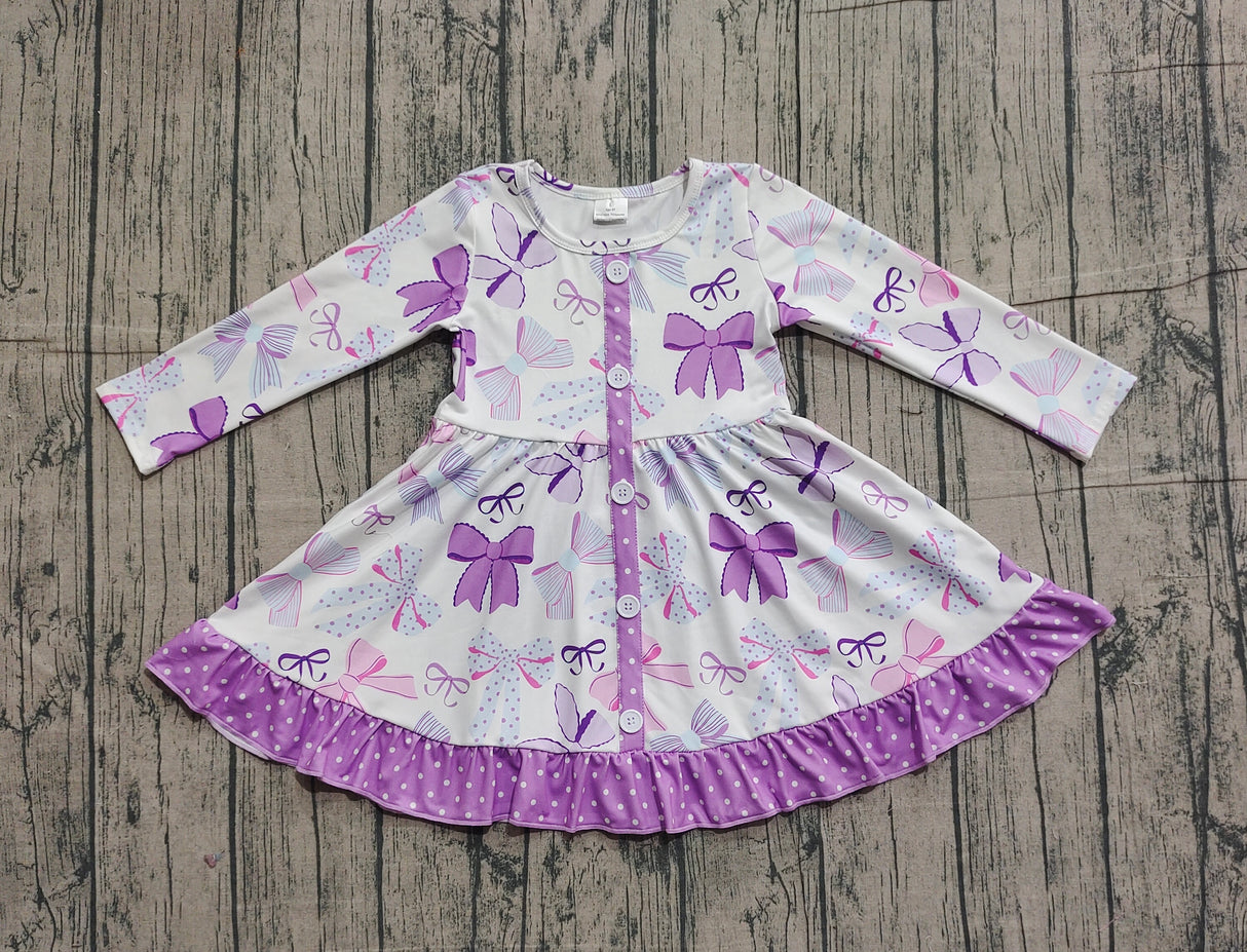 Long sleeves bows lavender polka dots ruffle girls dresses