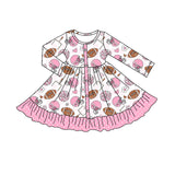 Long sleeves pink heart floral football girls ruffle dress