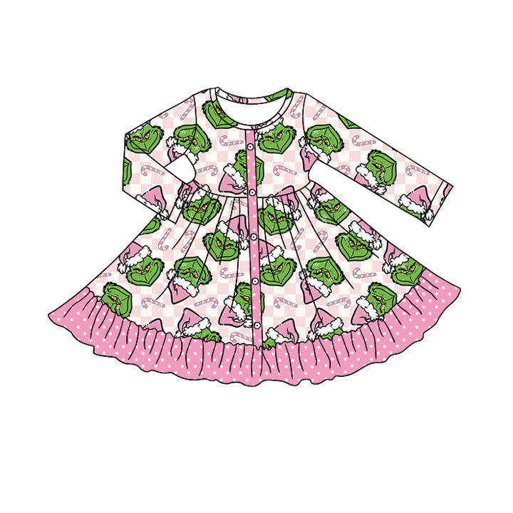 Candy cane green face ruffle baby girls Christmas dress