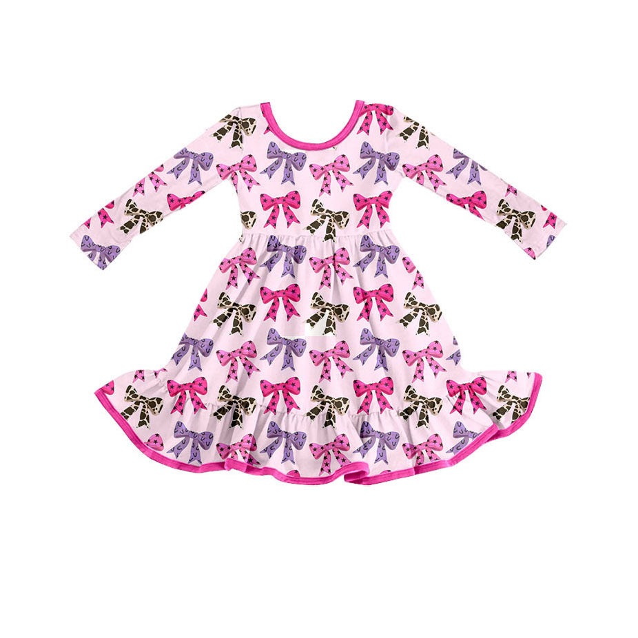 Long sleeves cow stars bow ruffle kids girls dresses