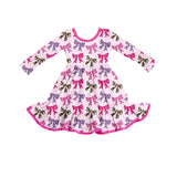 Long sleeves cow stars bow ruffle kids girls dresses