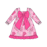 Long sleeves pink bow Christmas tree cake girls dress