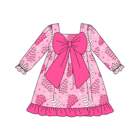 Long sleeves pink bow Christmas tree cake girls dress