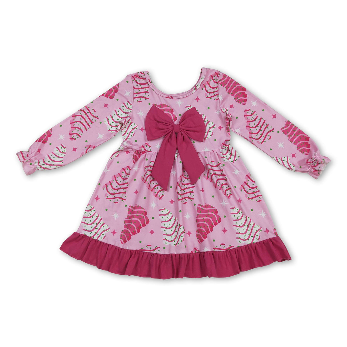 Long sleeves pink bow Christmas tree cake girls dress