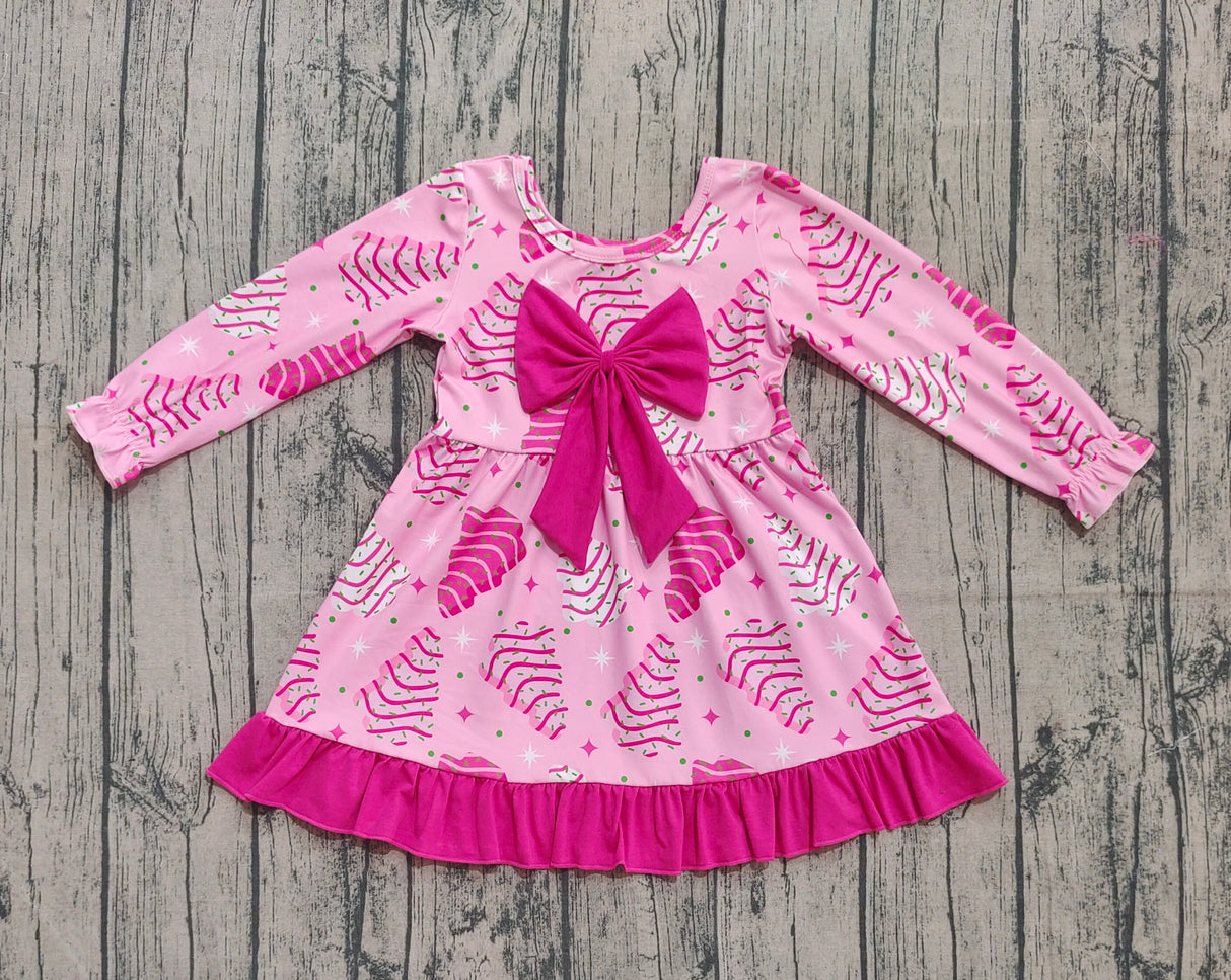 Long sleeves pink bow Christmas tree cake girls dress