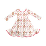 Long sleeves gingerbread bow heart girls Christmas dress
